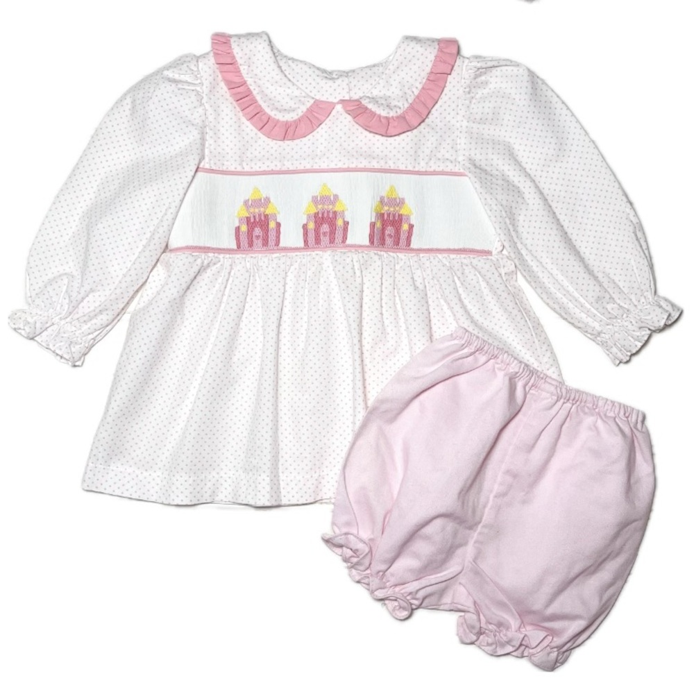 HAND SMOCKED EUC Princess Castle Ruffle Peter Pan Collar Blouse Bloomer Set